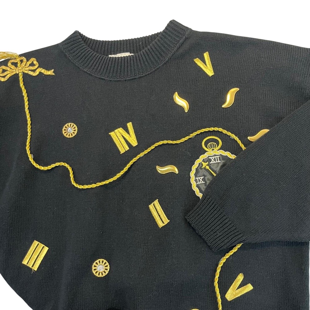 Jaxies New York Womens Black Knit Sweater XL Gold Bow Pocket Watch  Appliqué USA